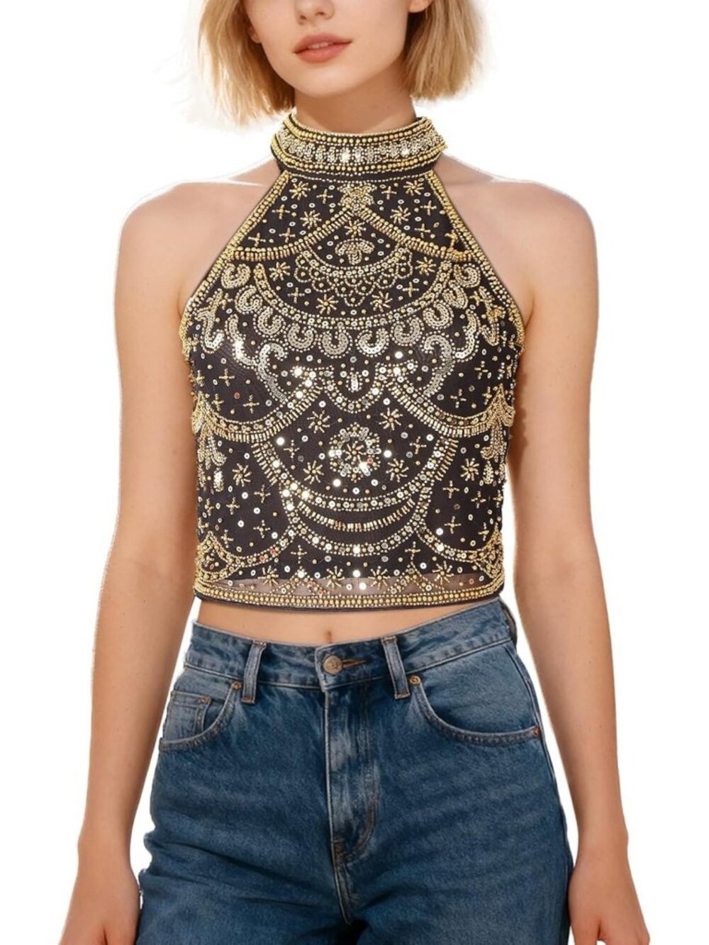 Elegant Sequin Beaded Halter Cami Top | Sparkly Sleeveless Crop for Night Out